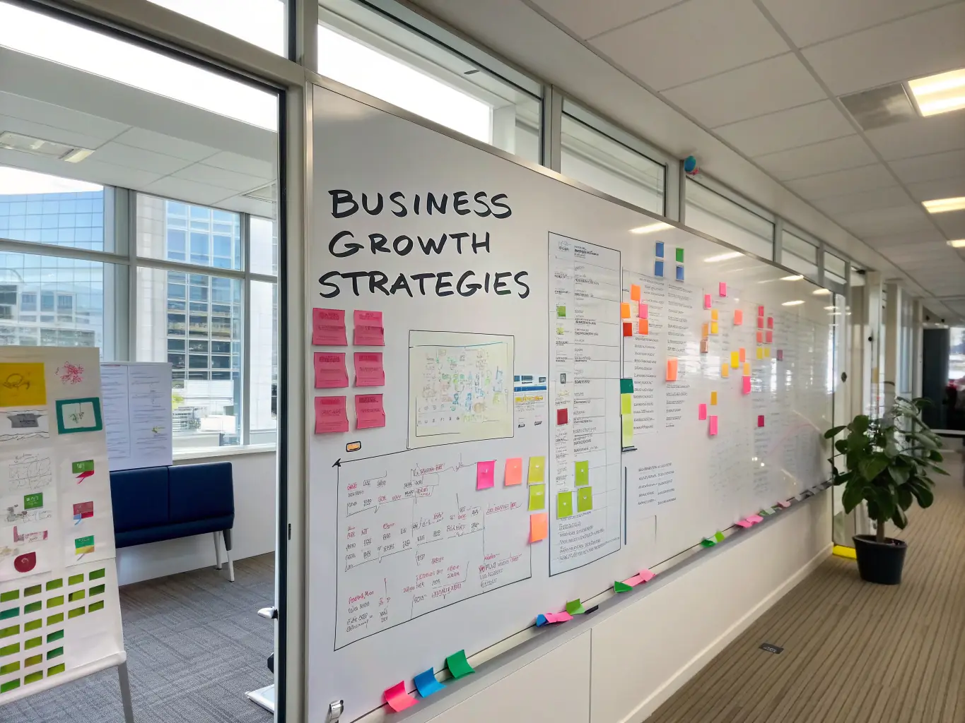 A professional workspace featuring a whiteboard with brand positioning maps and target customer profiles, illustrating the strategic planning involved in assessing brand positioning.