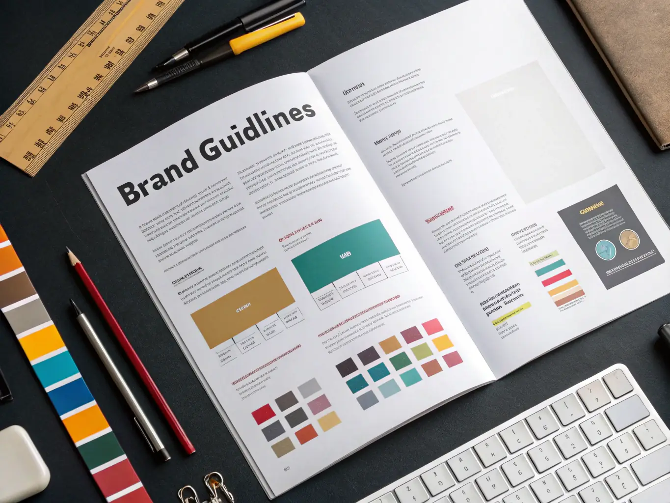 A visually striking image of a brand style guide, showcasing consistent logo usage, color palettes, and typography across various marketing materials.